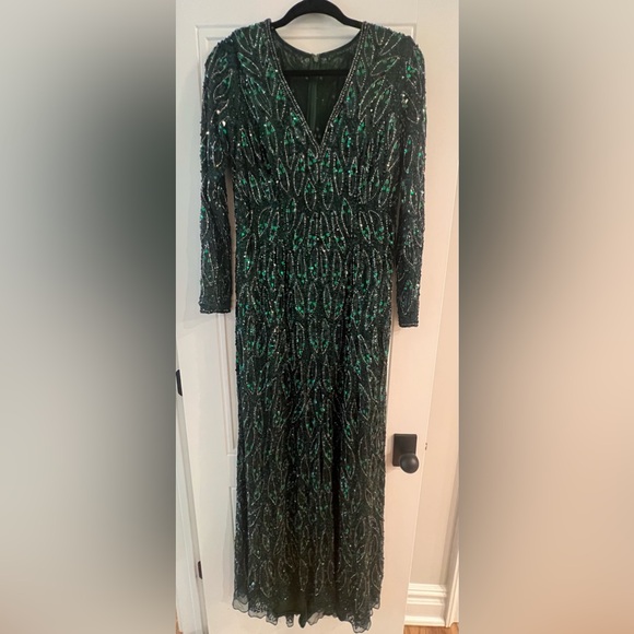 Mac Duggal Sequined Long Sleeves Dress with V Neck #5451 - Picture 8 of 16